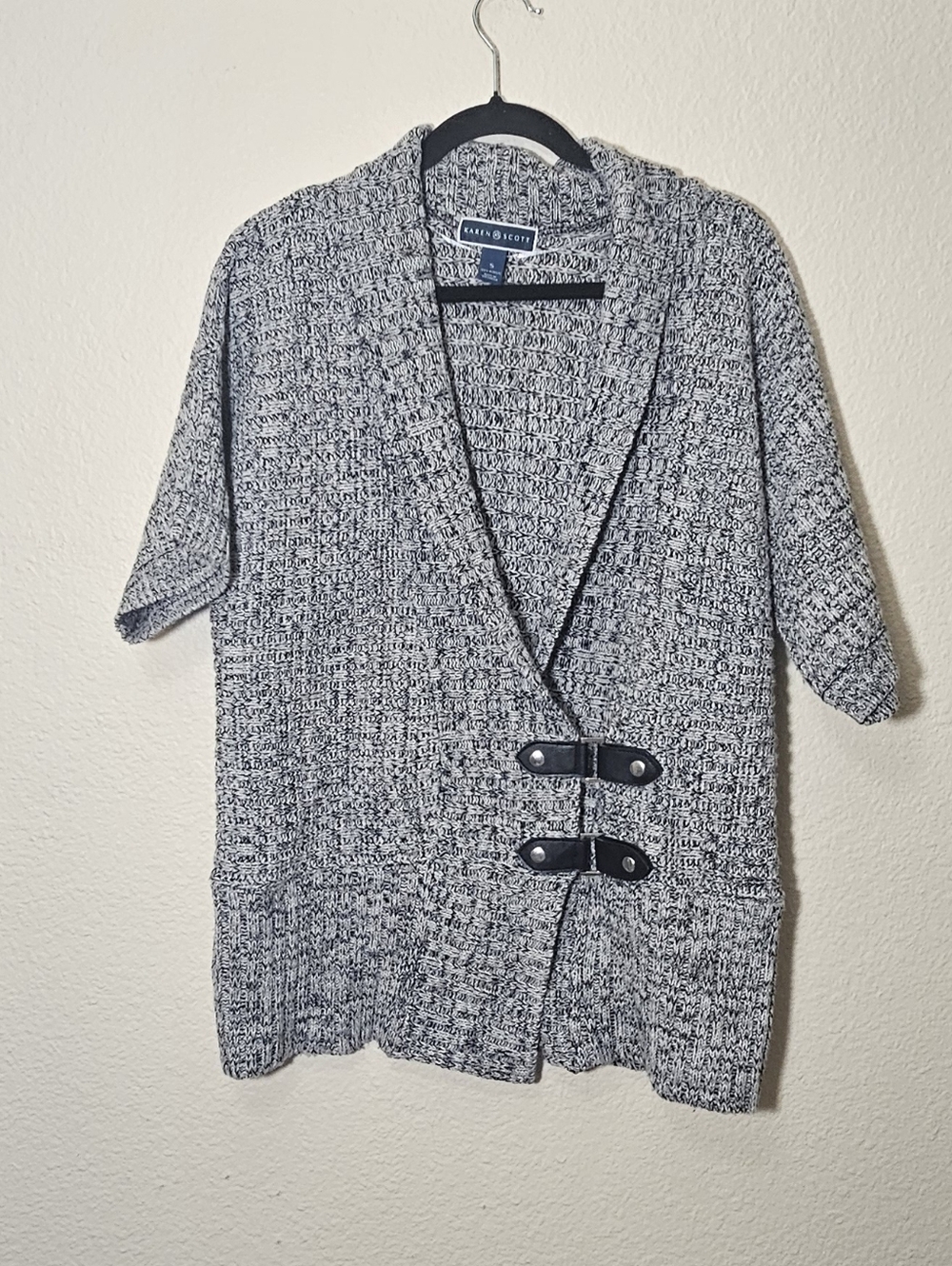 Karen Scott Black and White Marled Short-Sleeve Toggle Cardigan